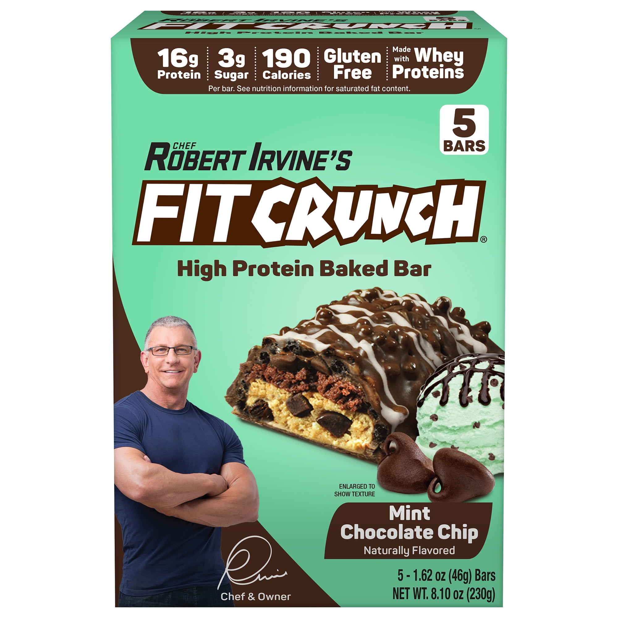 FITCRUNCH Mint Chocolate Chip, High Protein Baked Bar, 16g Protein, 8.10 oz., 5ct