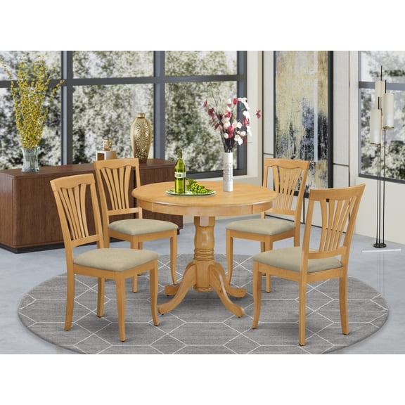 Kitchen Table Set 5 Piece - Round Dining Table & 4 Chairs - Burnished Oak Finish - Small Space Friendly