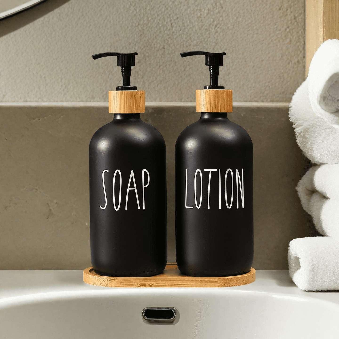 WOVTE Glass Lotion and  Soap Dispenser Set, Bathroom Soap Dispenser Set with Tray, Suitable for Bathroom Accessories, Housewarming Gift, Countertop Decor, Modern Bathroom Decor (Black, 16oz)