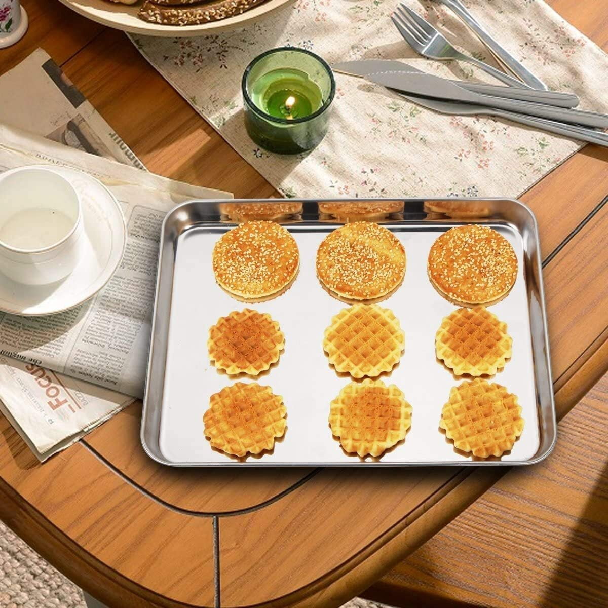 10 Inch Baking Pan with Rack set of 4, Stainless Steel Small Toaster Oven Tray Pans with Cooling Racks, Non-toxic & Heavy Duty, Extra Thick & Rolled Rim, Mirror Finished & Dishwasher Safe