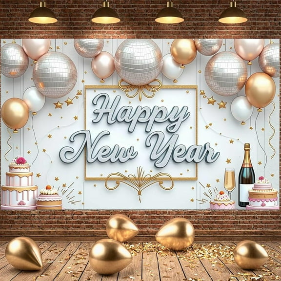 Gold Silver Theme Happy New Year Banner Disco Ball Design New Year Banner Balloon Decoration Star Pattern Celebration Banner for New Year Party Holiday Celebration Indoor Decoration