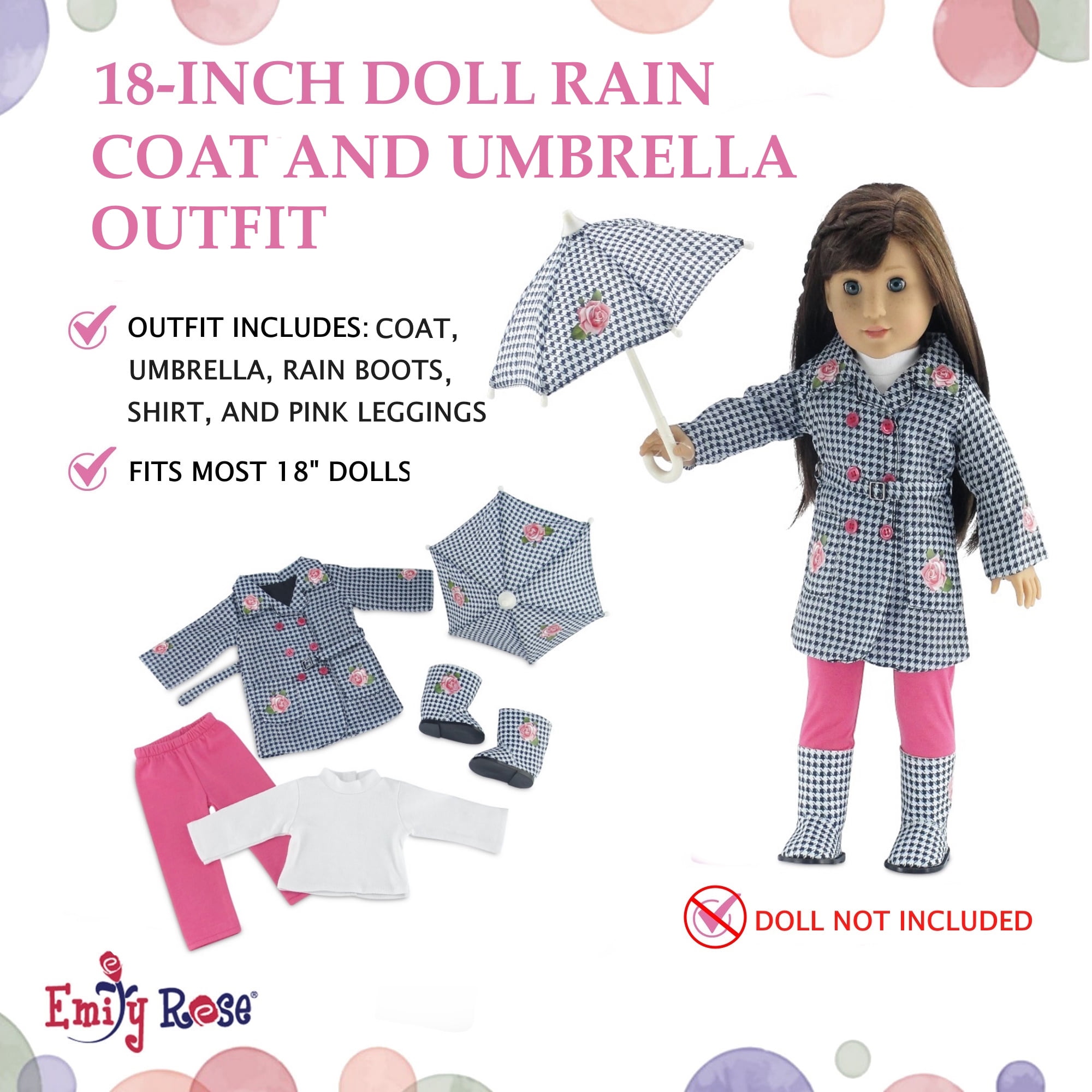 Emi1y Rose 18 Inch Doll Clothes | Lovely 5-Piece 18" Doll Raincoat Outfit, Including Matching Doll Rain Boots and Working Umbrella | Fits American Girl Dolls
