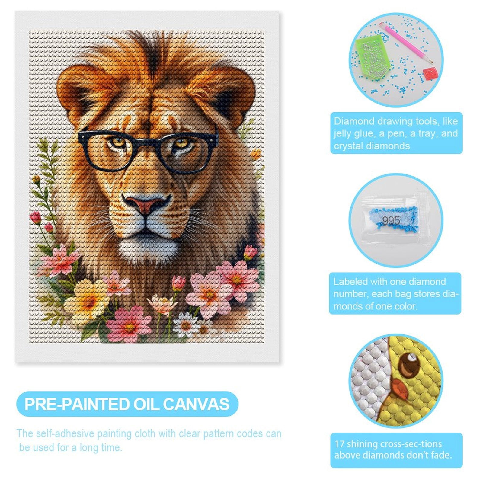 Diamond Art Kits for Adults - Lion With Glasses And Flowers 5d Diamond Painting for Adults, Diamond Art for Adults Beginners, Frameless Diamond Painting Kits for Adults for Home Wall Decor