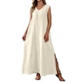thumbnail image 2 of ClodeEU Women's V Neck Sleeveless Maxi Dress with Side Slit, Casual Solid Color Loose Flowy Dress Beige,Women's Plus XL, 2 of 8
