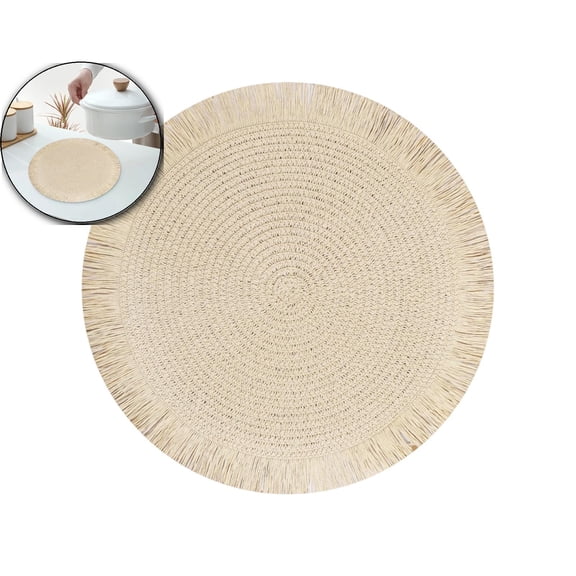 WNFJR Woven Textured Placemats with Fringe 15 Inches Round, Braided Table Mats for Home, Dining Room Décor, Banquets, Indoor & Outdoor(Beige)