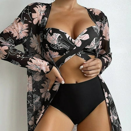 Guiexla 3Pcs/Set Adjustable Straps Cross Bandage High Waist Bikini Cover Up Set Floral Print Bra Briefs Long Sleeve Cardigan Set Beachwear