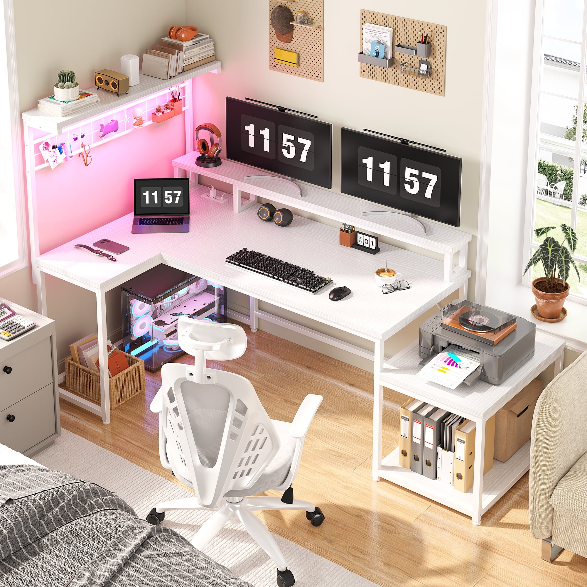 Enhomee  L Shaped Desk Gaming Desk with LED Light & Power Outlet 63 Inch Reversible L Shaped Computer Desk with Long Monitor Stand & Storage  Shelf, Corner Desk for Home Office Desk, White