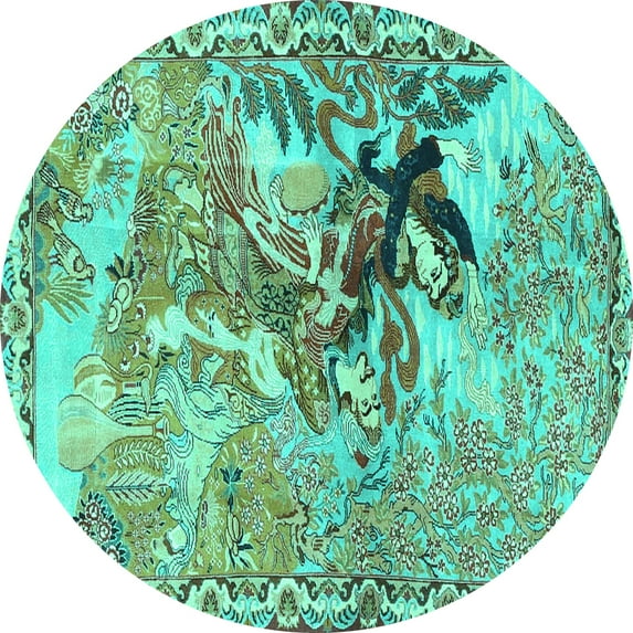 Ahgly Company Machine Washable Indoor Round Animal Turquoise Blue Traditional Area Rugs, 8' Round