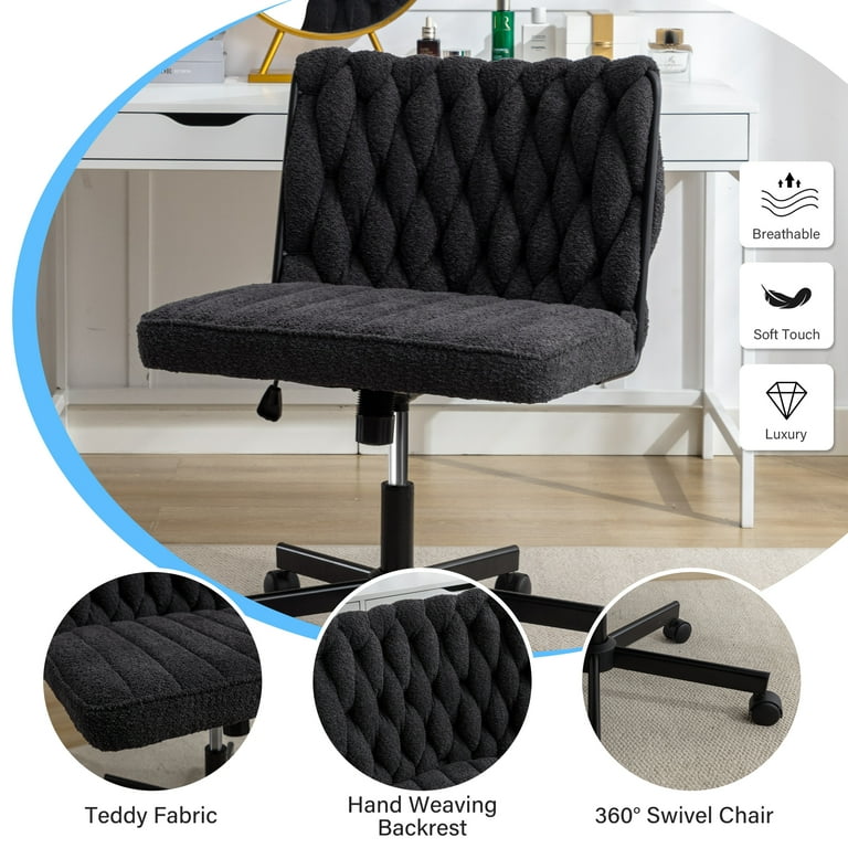 Welax Black Desk Chair with Wheels 300lb Criss Cross Legged Home Office Chair Adjustable Swivel Teddy Fabric Vanity Task Computer Chair Vanity Chair