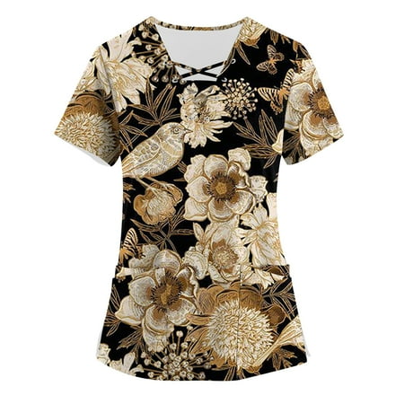 

BIZIZA Womens Scrubs Summer Hollow with Two Pocket Short Sleeve Uniform Graphic Plus Size V Neck Sexy Summer Tops Women Yellow M