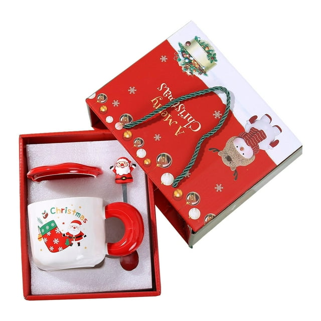 Siruishop Christmas Mug Set Milk Cup Lightweight with Lid Spoon for Men Desktop Office Red Socks