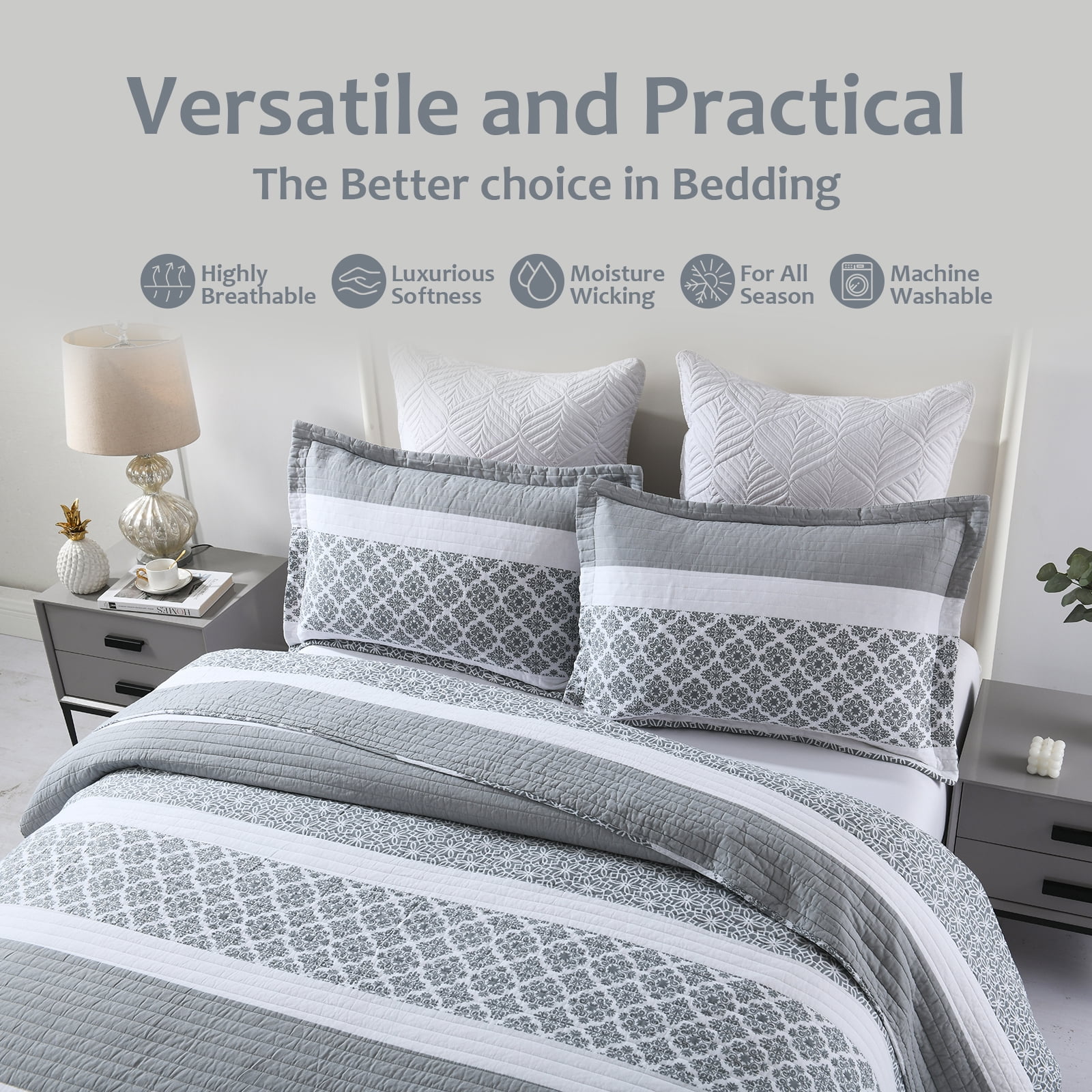 DUOHONG Queen Quilt Set 100% Cotton Farmhouse Lightweight Bedding Set, Bluish Gray/White, 90"W x 98"L