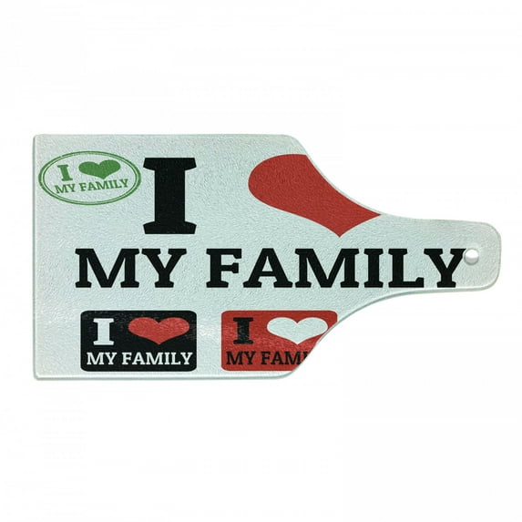 Family Cutting Board, Signs I Love My Family Emblems Stamp Colorful Retro Classic Composition, Decorative Tempered Glass Cutting and Serving Board, Wine Bottle Shape, Multicolor, by Ambesonne
