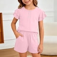 thumbnail image 2 of larppty Little Girls Solid Black 2 Piece Pajama Set, Ruffle Sleeve Button Top & Pocket Shorts, Soft Cotton Toddler Loungewear（Pink, 5-6 Years）, 2 of 4