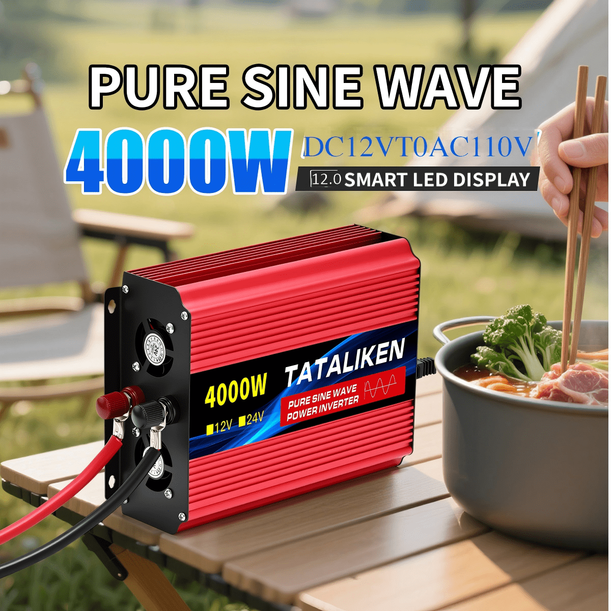 4000W Pure Sine Wave Power Inverter 12V DC to 110V AC,  LED Display Red Aluminum for Car/RV/Home