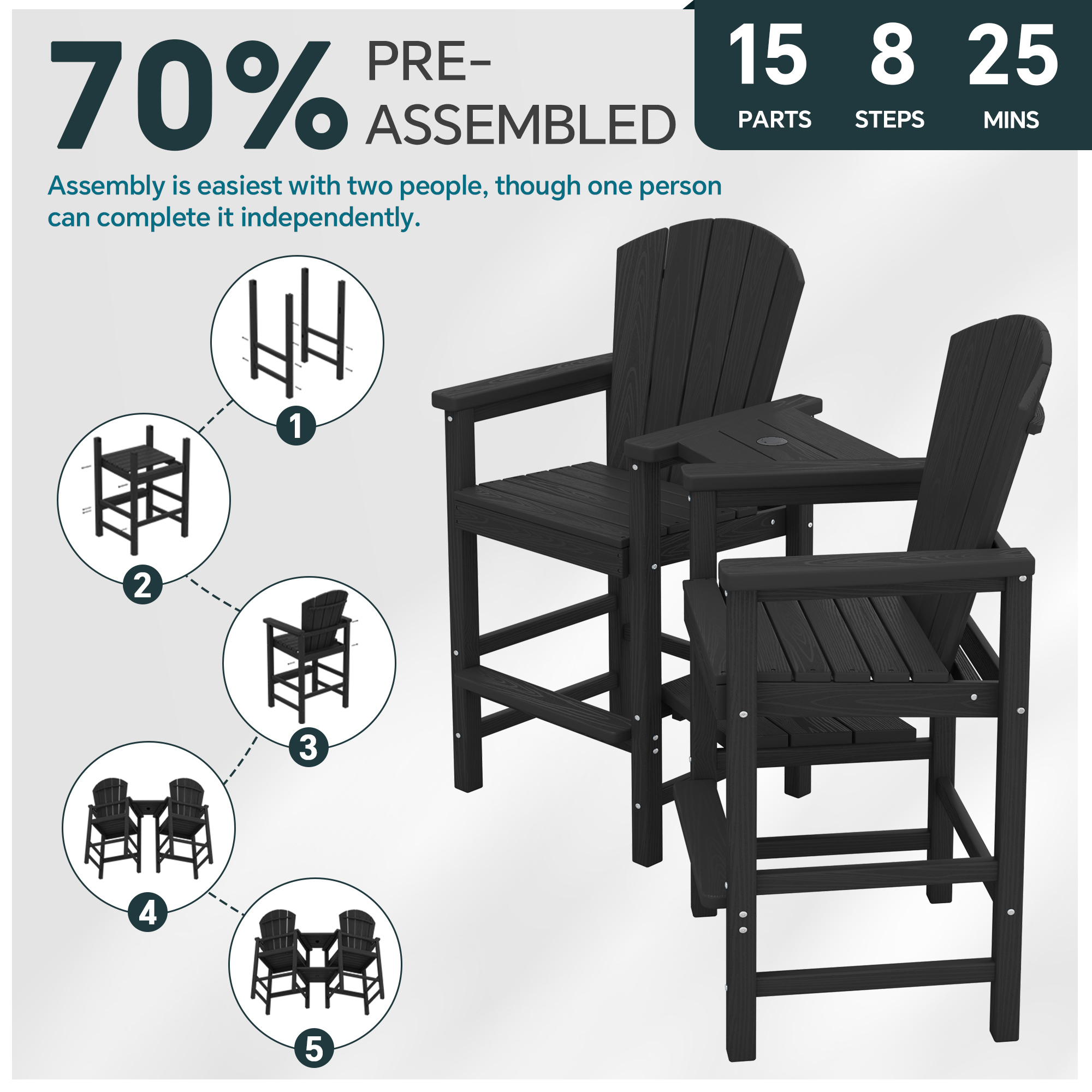 Serwall Tall Adirondack Chairs Set of 2, Black photo 2