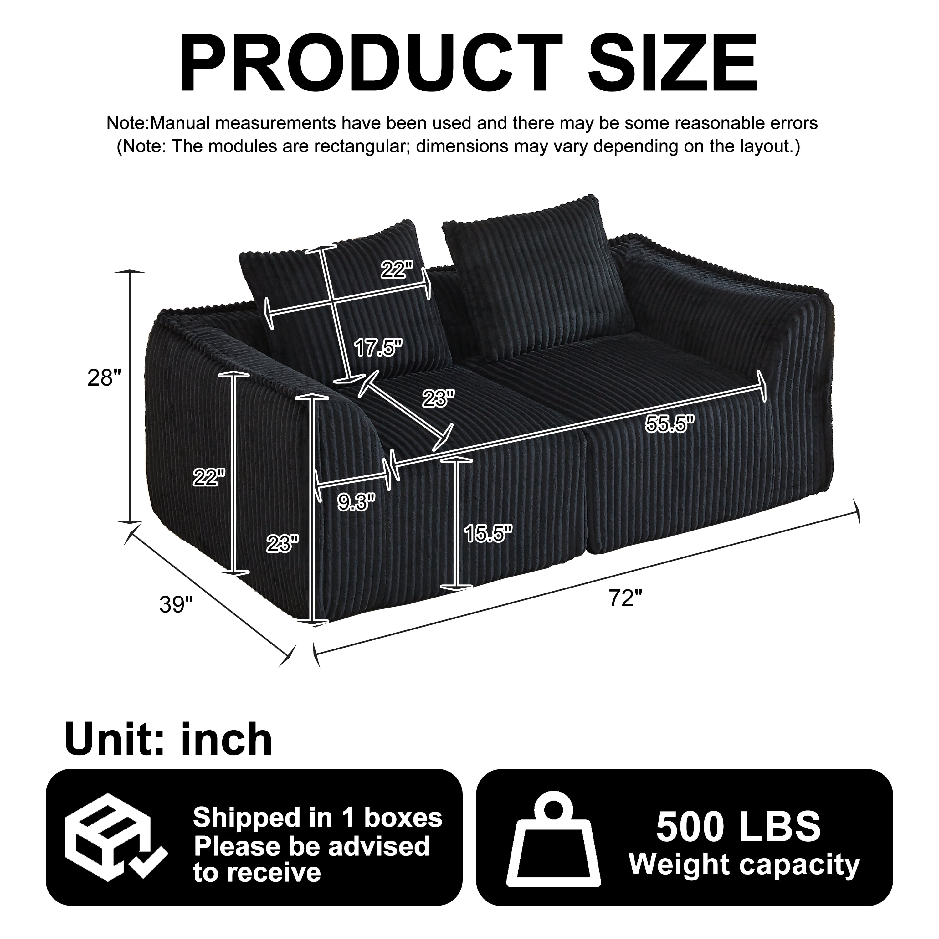 Leumius Corduroy Sofa for Living Room, Boneless Loveseat Couch with Gently Sloped Backrest and 2 Pillows,No Assembly,Black(2 Seat)
