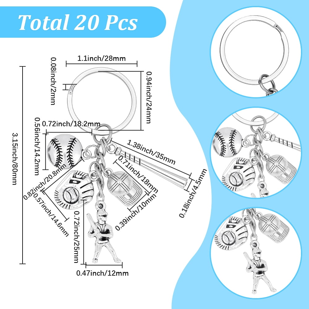 20Pcs Alloy Baseball Player & Baseball Bat & Hat Keychains with Iron Split Key Rings Silver 80mm