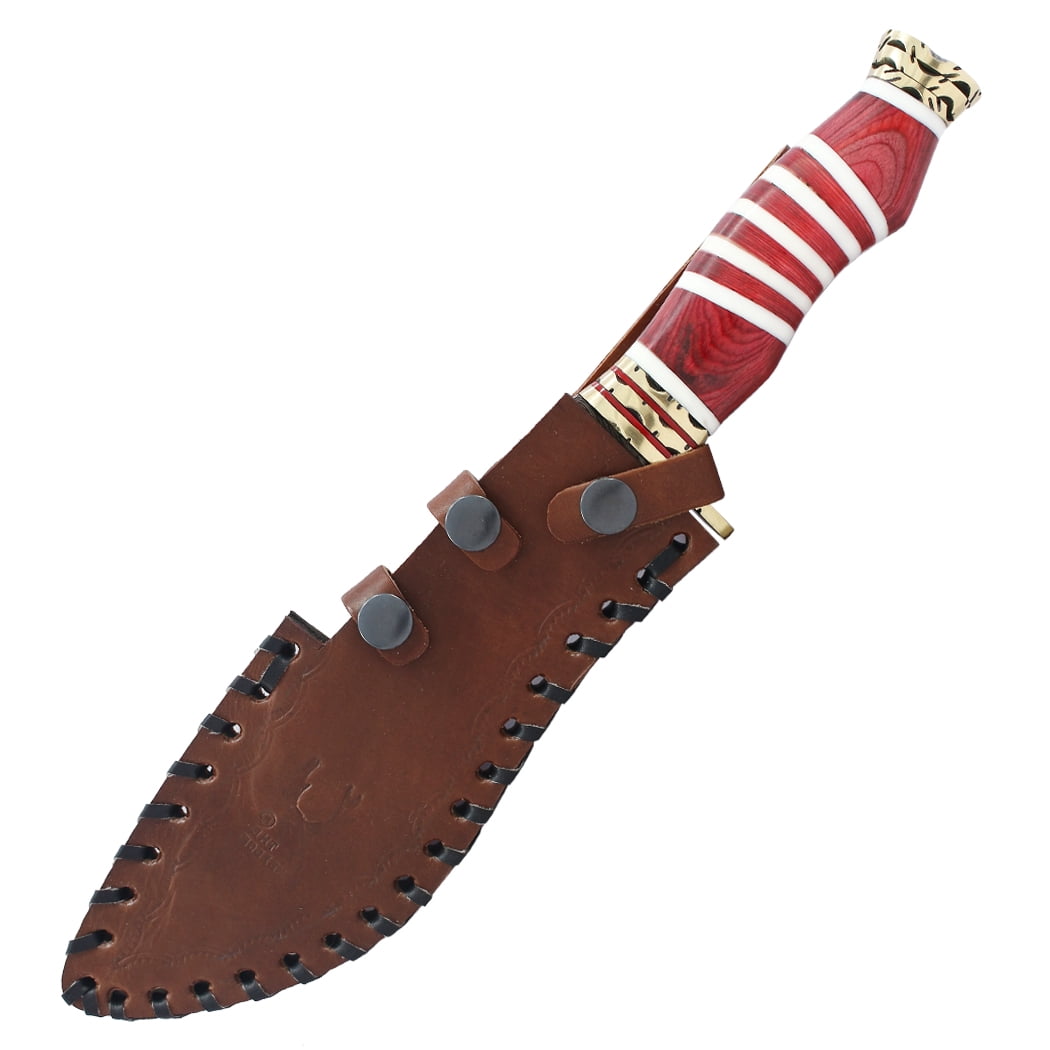 TheBoneEdge 13" Damascus Blade Hunting Knife White & Red Handle With Leather Sheath