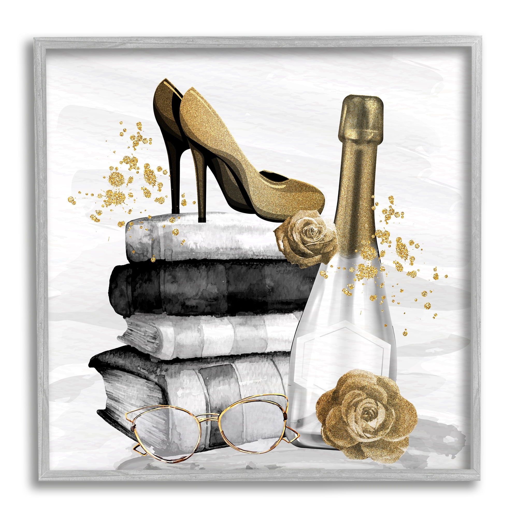 Stupell Industries Trendy Fashion Heels Book Stack Dazzling Champagne Graphic Art Gray Framed Art Print Wall Art, Design by Kim Allen
