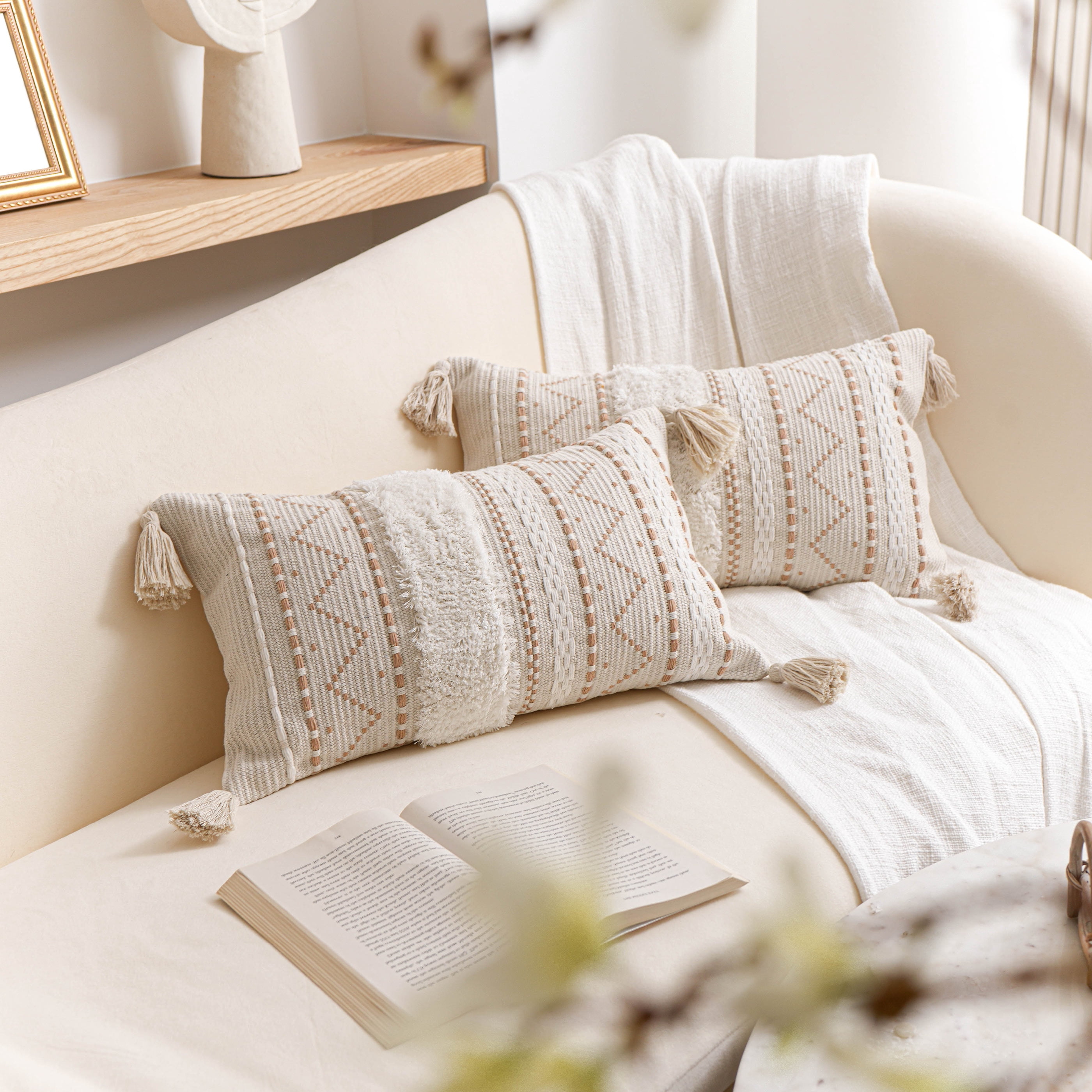 BlissBlush Decorative Lumbar Throw Pillow Cover 12x20 Combo Set of 2 Cream Neutral White Rectangular Boho Accent Pillowcase Farmhouse Cushion for Couch Sofa Bedroom Living Home Décor Cover ONLY