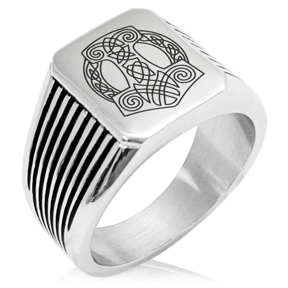 Stainless Steel Majesty Thor's Hammer Mjolnir Viking Needle Stripe Pattern Biker Style Polished Ring