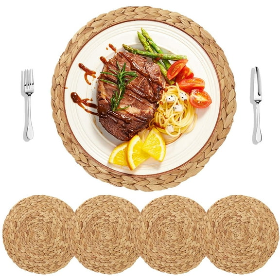 Chainplus 10" Woven Placemats Set of 4, Natural Hand-Woven Water Hyacinth Placemats, Round Braided Rattan Tablemats for Dining Table, Large Straw Placemats Heat Resistant Non-Slip Weave Placemats