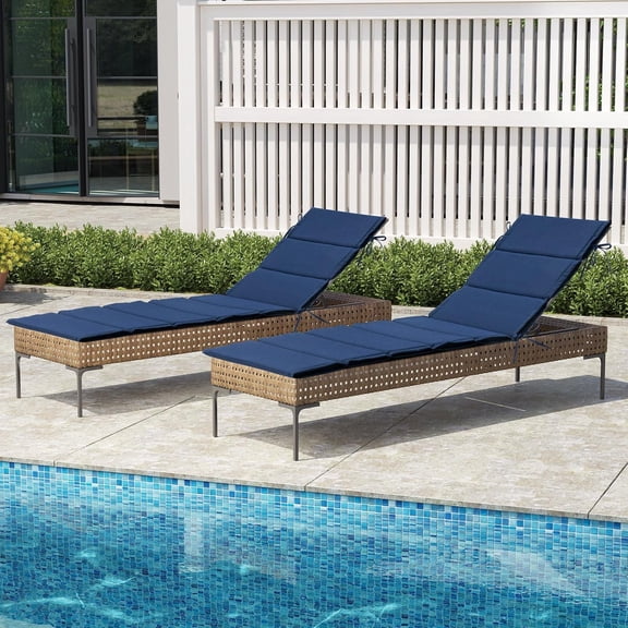 Chaise Lounge Cushion Outdoor Set of 2 80''Lx26''W, Waterproof Foldable Lounge Chair Cushions with Straps, Lounger Cushions for Outdoor Furniture, Lawn, Pool, (Navy)