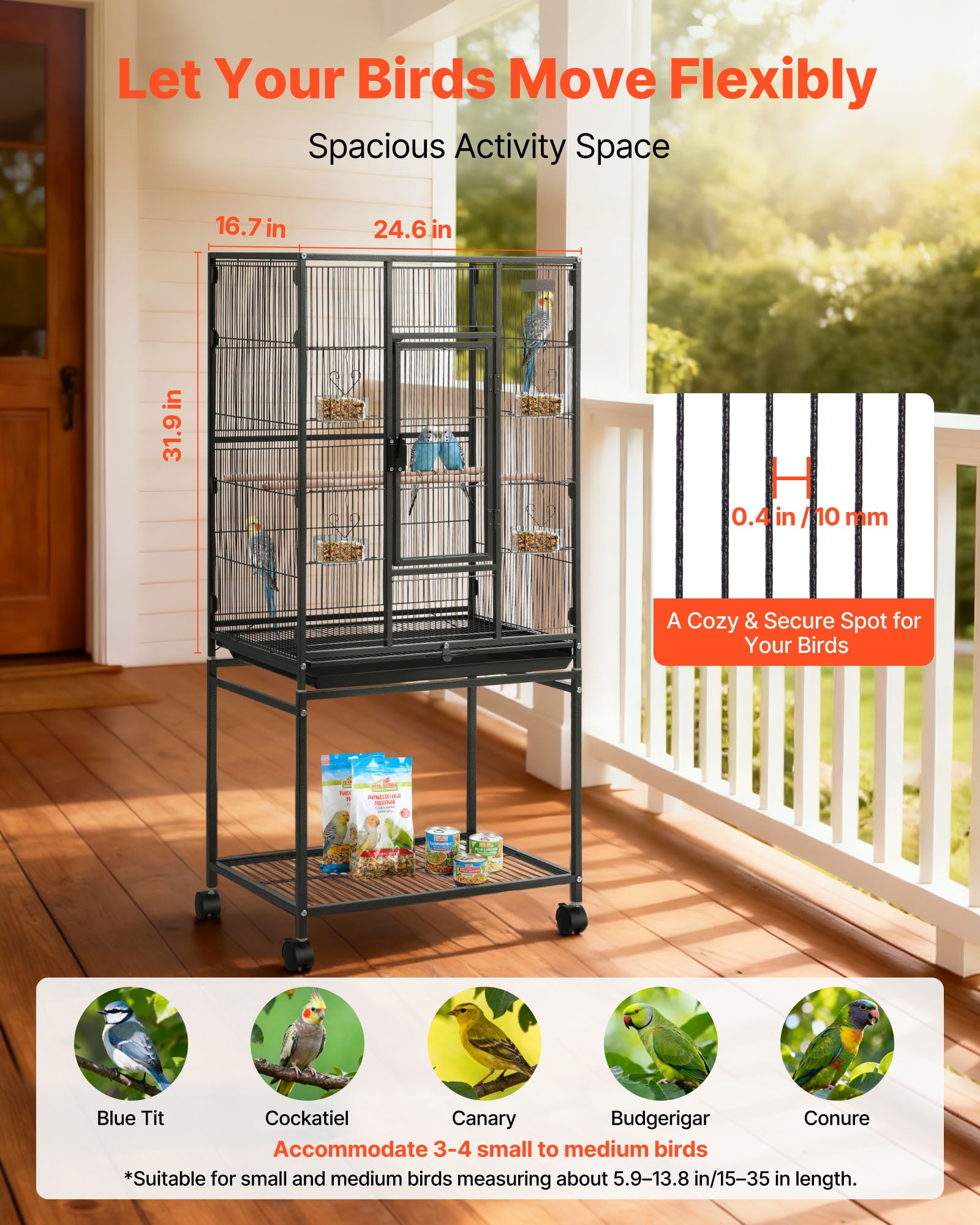 VEVOR Bird Cage, 24.6 x 16.7 x 53.9 in, Flat Top, Wrought Iron Bird Flight Cage with Perches, Slide-Out Tray and Plastic Feeders, Casters, for Parrot, Blue Tit, Cockatiel, Canary, Budgerigar, Conure