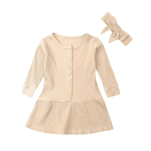 Odeerbi Niñas Vestido de Manga Larga de Punto Elástico Primavera Otoño Vestido de Algodón Color Sólido Botón Cuello Redondo Vestido Con Cinta Para El Pelo Conjunto de Dos Piezas
