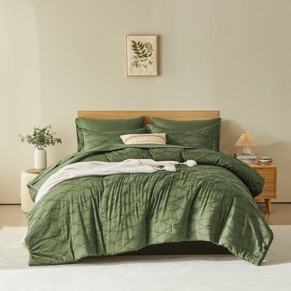 Davulos Dark Green Tufted Comforter Set Queen Size 7 Piece Bed in a Bag Shabby Chic Boho Comforter and Sheet Set,All Season Soft Microfiber Geometric Bedding Sets