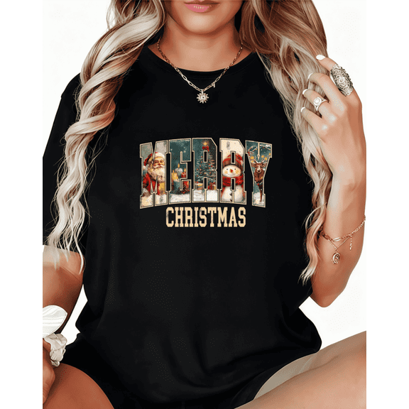 Women's Black Christmas Merry Christmas Graphic Tees Print Tshirt Shirts Festive Holiday Winter Casual Classic Tops S-5XL