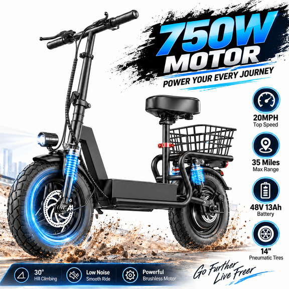 14" Electric Scooter with Seat for Adults 750W Motor Foldable E Scooter, 48V 13Ah 35 Miles