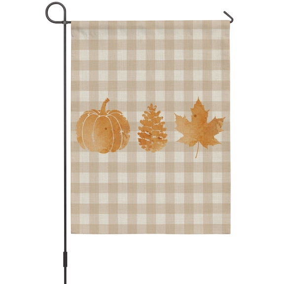 Thanksgiving Fall Garden Flags For Outdoor, Rustic Pumpkin Pinecone Maple Leaf Brown Grid Small Double Side Yard Flags Weather Proof Garden Decor for Lawn Outside Holiday 12 x 18 Inches