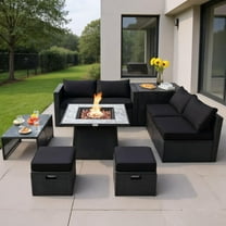 Topcobe 9 Pieces Outdoor Wicker Sectional with 35 Inch Gas Fire Pit Table, Outdoor Deck Furniture, Black