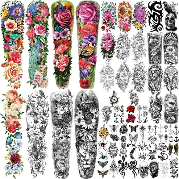 55 Sheets Temporary Tattoo for Women, 8 Full Arm Fake Tattoos, 17 Half Arm Fake Skull Flower Tattoos, 30 Tiny for Mens Adults Kids Body Shoulder Tattoos Stickers Waterproof Realistic Long-Lasting