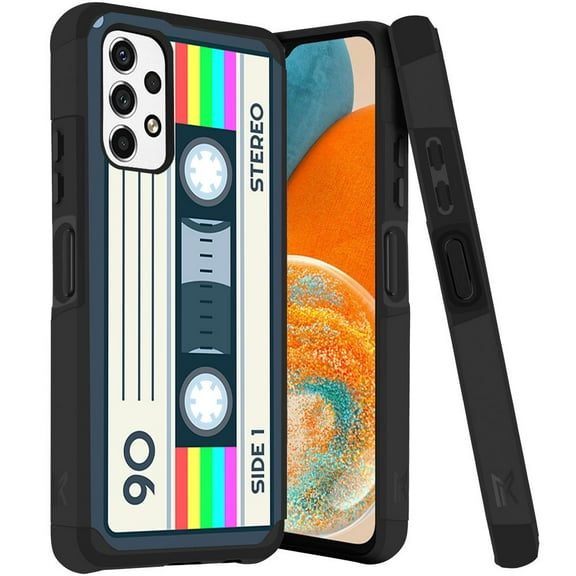 ANJ  Rugged Dual Layered Shockproof Slim Hybrid Case   Tempered Glass Cover Compatible with Samsung Galaxy A23 5G - Retro Cassette Tape