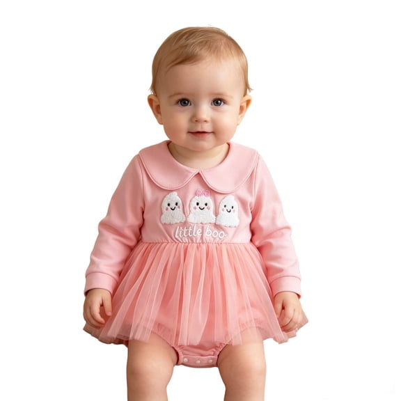 lnmuld Halloween Peter Pan Collar Little Boo Ghost Embroidery Tulle Baby Girls Long Sleeve Bubble Romper Dress Onesie 0-3 Months,Pink