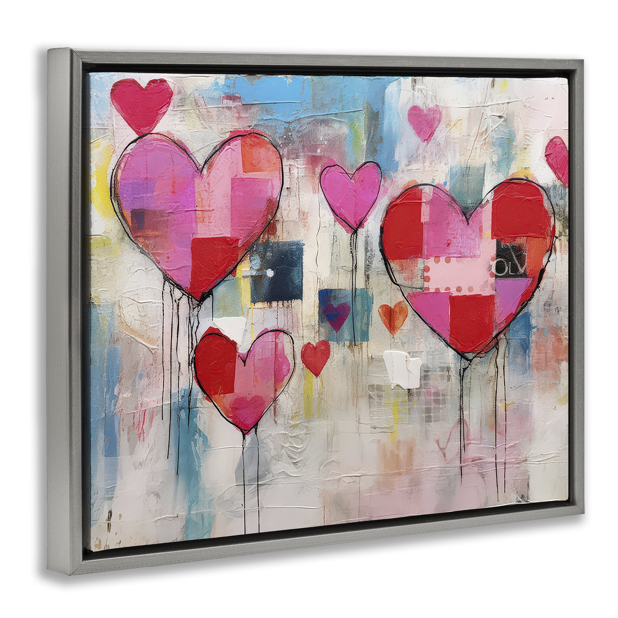 Stupell Industries Urban Hearts Painting Collage Abstract Painting Gray Floater Framed Canvas Art Print Wall Art, 21 x 17