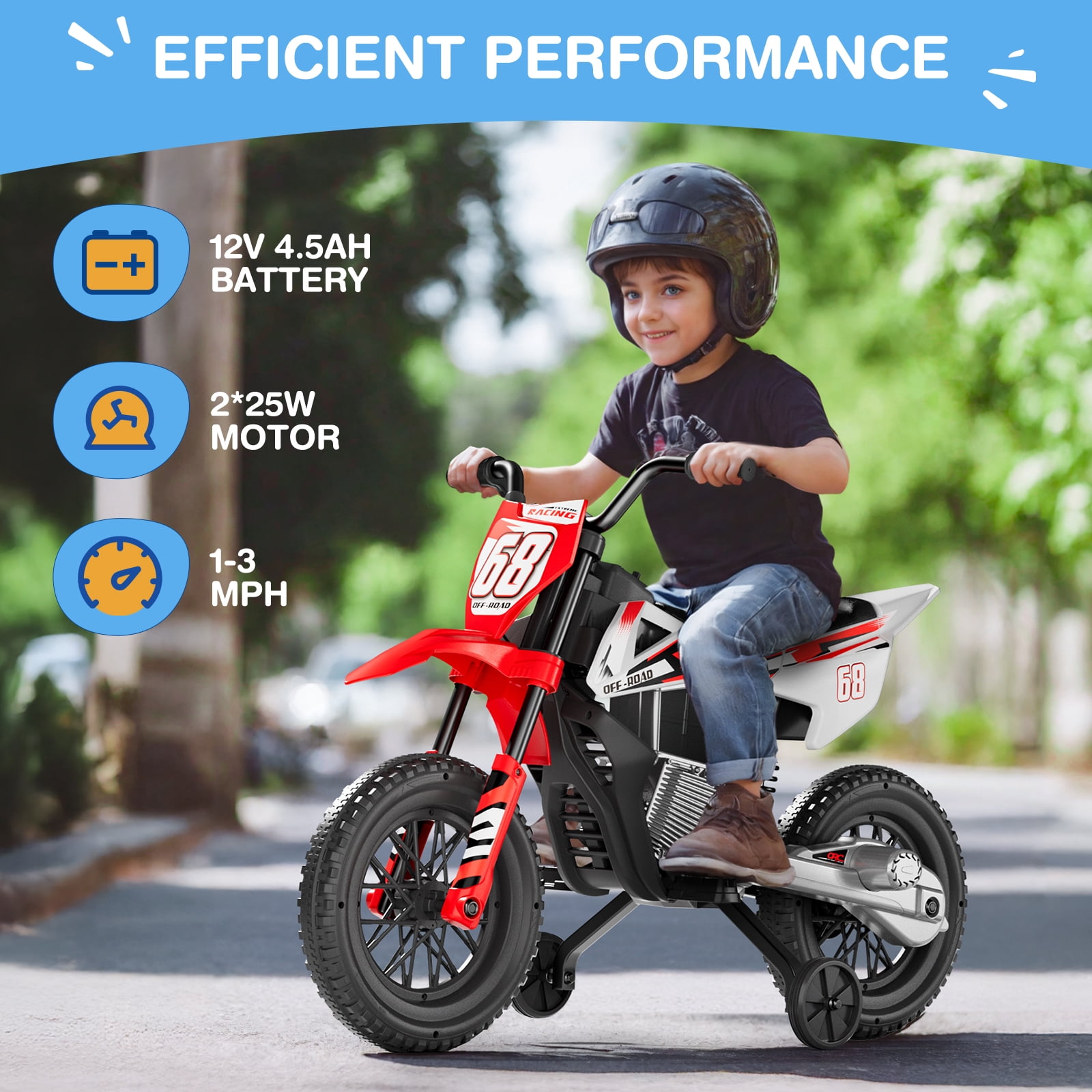 LIGIANT 12V Kids Ride-On Motorcycle, Red, Training Wheels, Bluetooth, Music