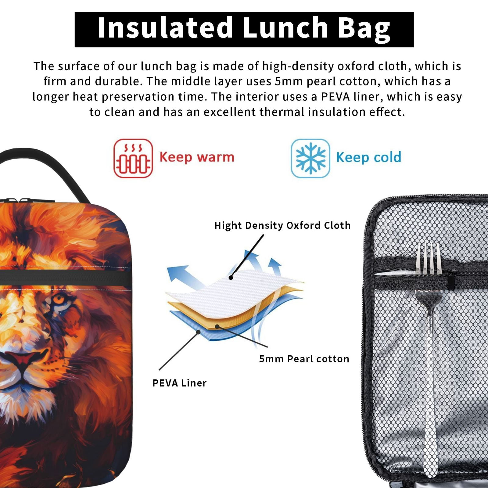 Lunch Bag For Women Men Insulated Portable Lunch Box Bento Box Office Picnic Travel Cooler Bag Lion Fire