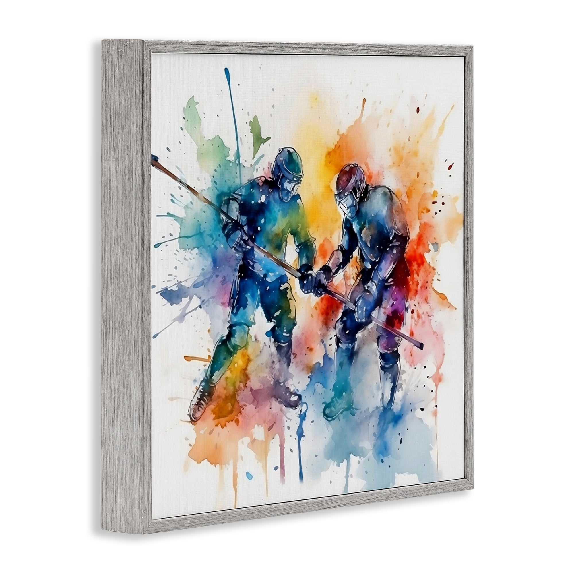 Stupell Industries Watercolor Hockey Faceoff Gray Framed Giclee Art, design by Creative Studio