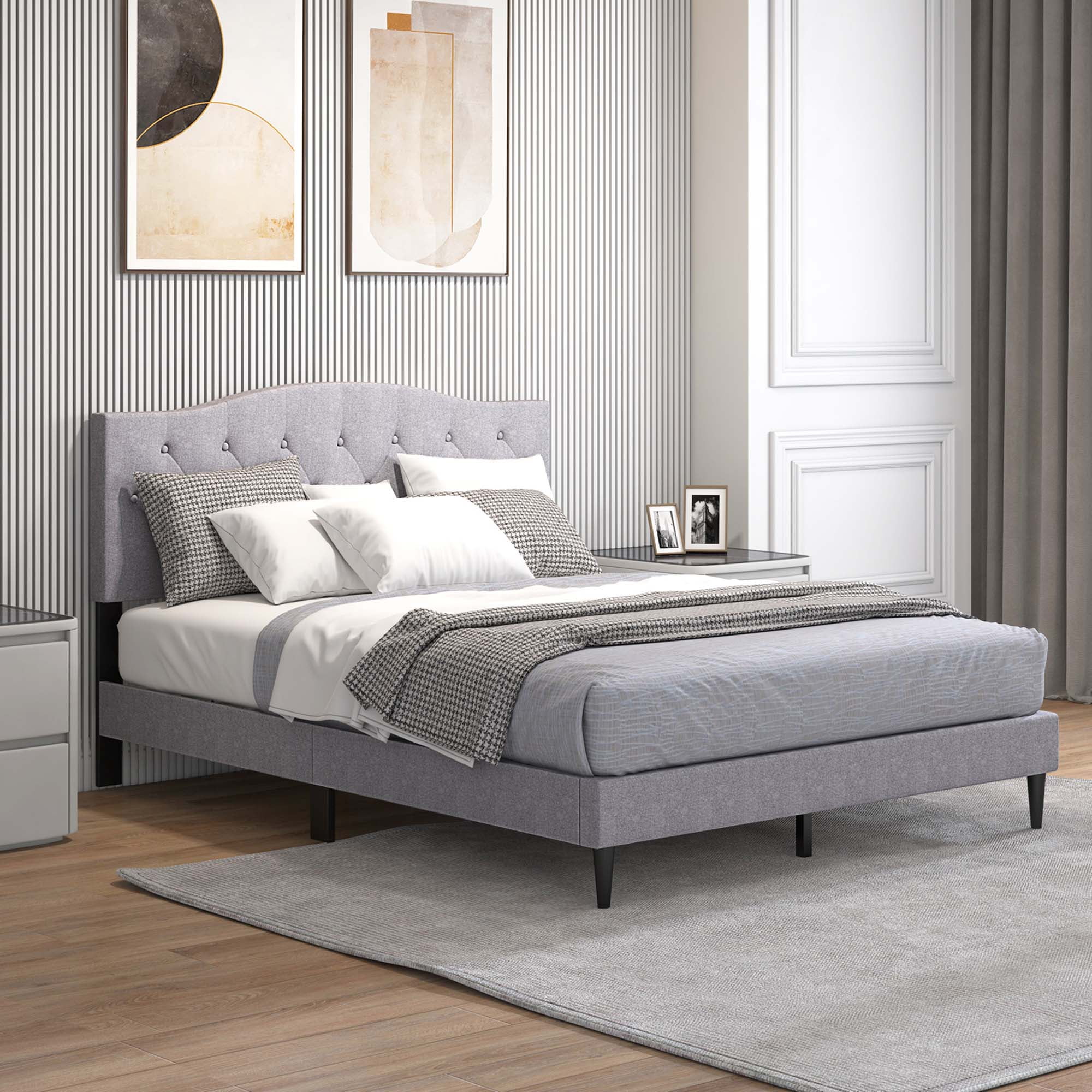Costway Queen Size Upholstered Platform Bed Linen Bed Frame with Button Tufted Headboard