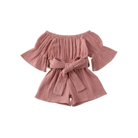 

Gwiyeopda Toddler Baby Girl Off-shoulder Trumpet Sleeve Waist Bandage Jumpsuits