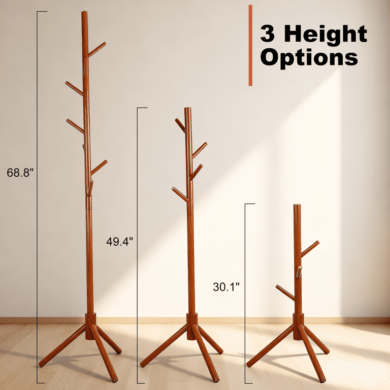 Adjustable Freestanding Wooden Coat Rack with 8 Hooks photo 2