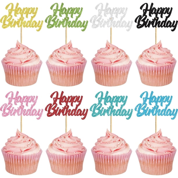 24 adornos para cupcakes de feliz cumpleaños, palitos con purpurina para cupcakes de cumpleaños, adornos para tartas de cumpleaños, palillos de comida