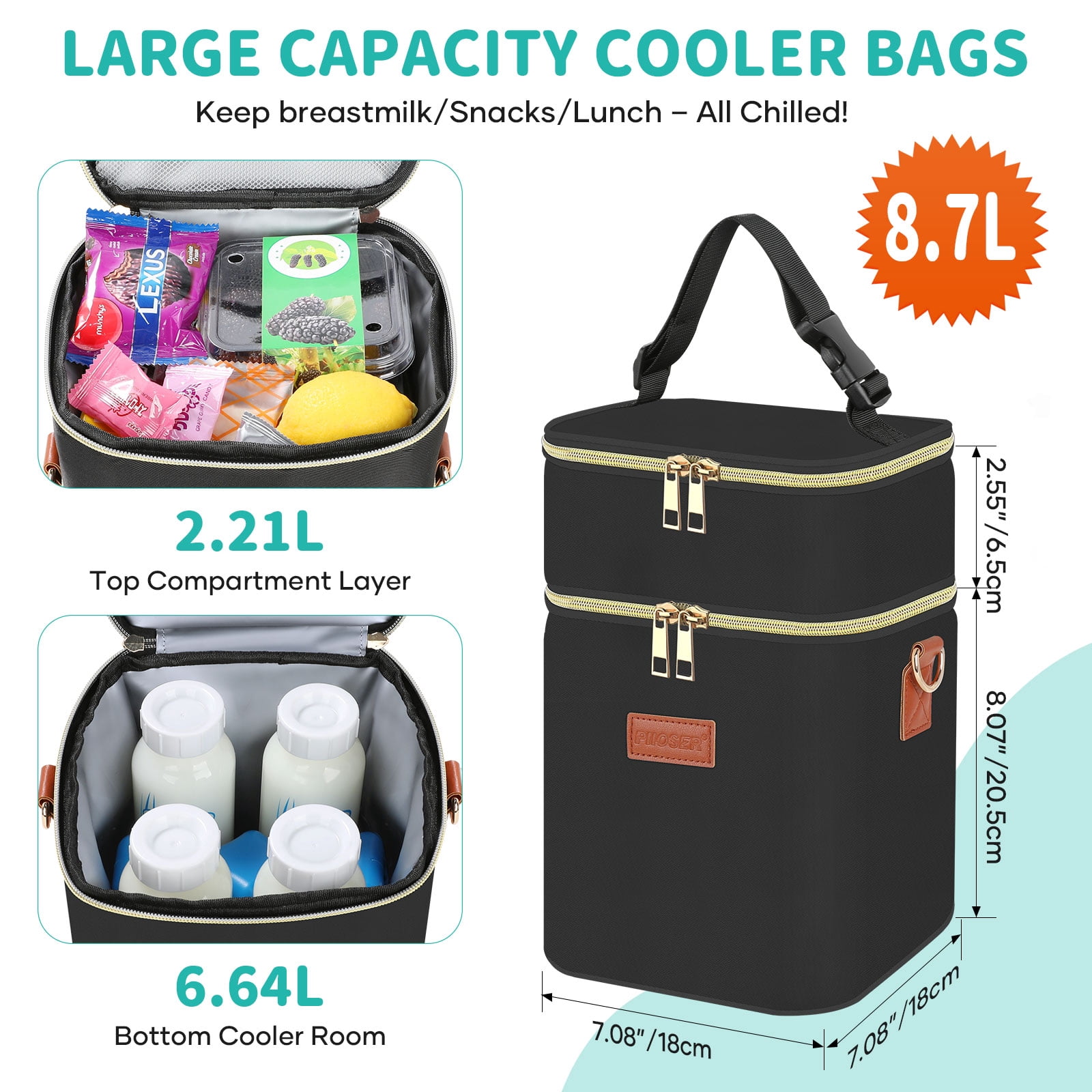 Breastmilk Cooler Bag with Ice Pack ,Fits 4x 9oz Bottles, Insulated Baby Bottle Tote with Shoulder Strap, Small Thermal Nursing Bag for Working Moms & Daycare (Black-S)