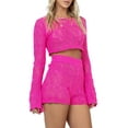 thumbnail image 2 of KOMOO Women Two Pieces Knitted Shorts Set Striped Plain Long Sleeve Knit Crop Tops High Rise Shorts Outfits, 2 of 6