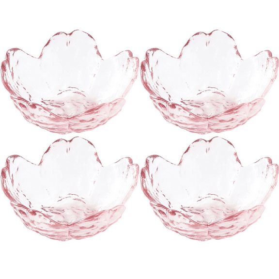 Pink Glass Bowls Set of 4, Small Dipping Dishes Sauce Plates- Japanese Sakura Flower Cherry Blossom Shaped Bowl for Dessert, Ice Cream, Miso Soup