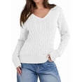 thumbnail image 2 of Women Long Sleeve Cable Knit Sweater Fall Fashion V Neck Fitted Pullover Business Casual Fall Outfits White XL, 2 of 10